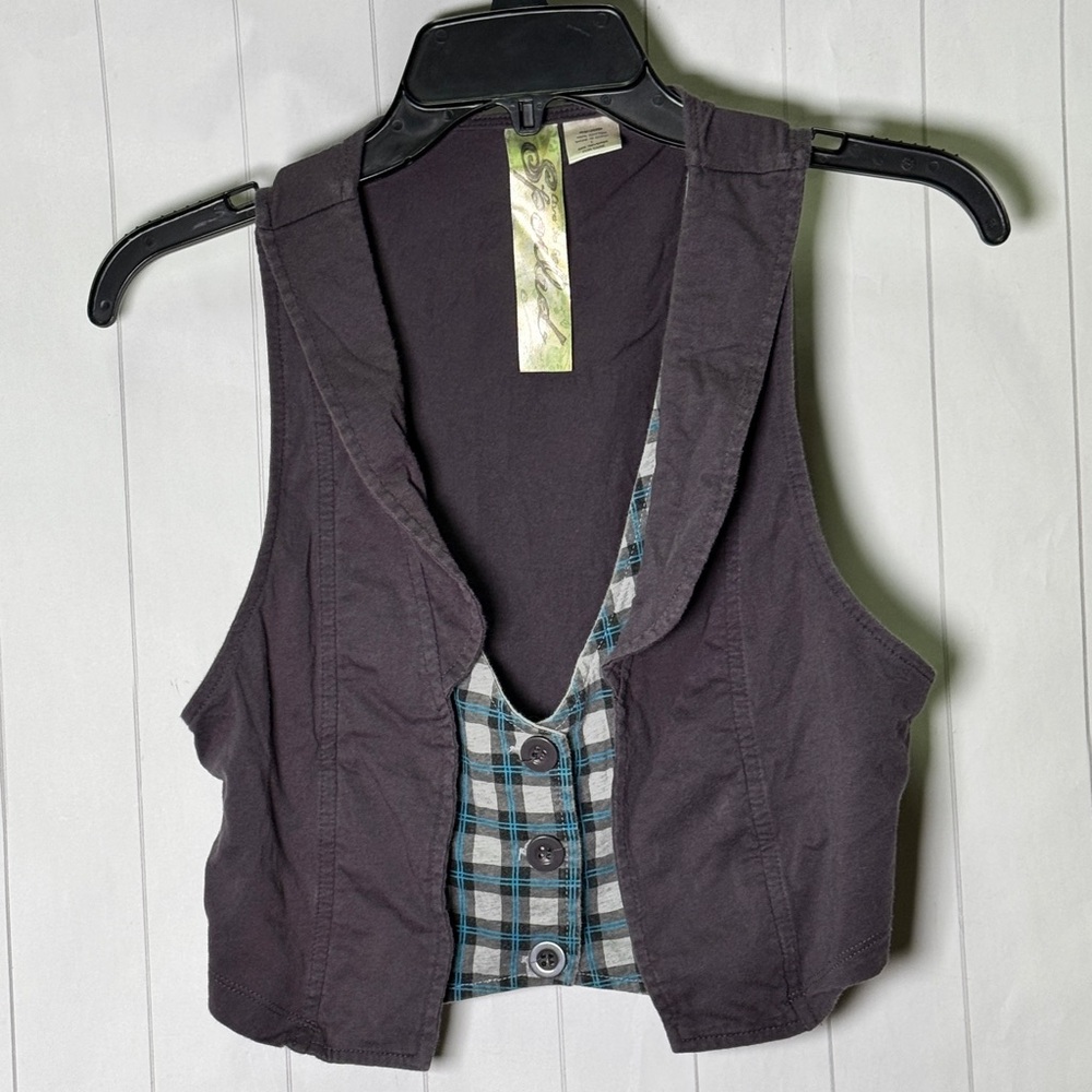 Y2K Juniors/Teens Plaid Gray Button Up Vest Crop Top Schoolgirl Punk Grunge L